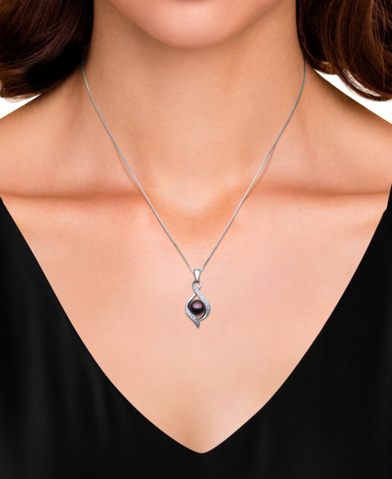 Dyed Black Peacock Cultured Freshwater Pearl & Lab Created White Sapphire Pendant 18" Necklace in Sterling Silver (Also in Blush Pink)