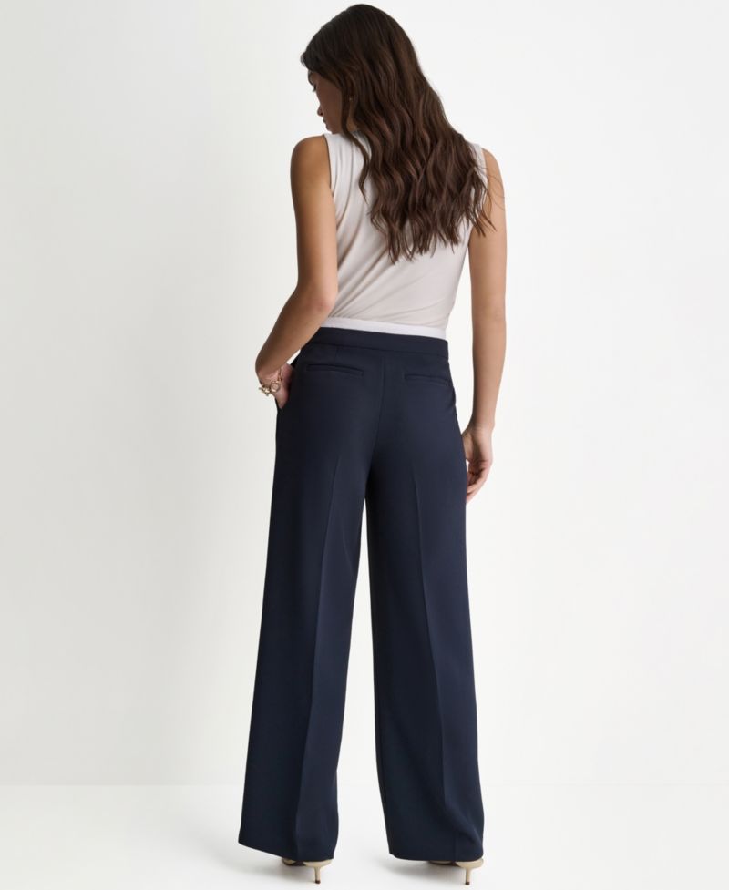 Women's Wide-Leg Contrast Waist Pleated Front Pants