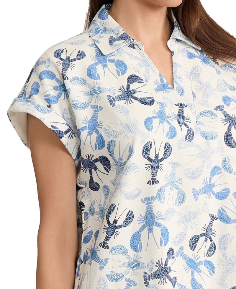 Petite Short-Sleeve Collared V-Neck Linen Printed Dress