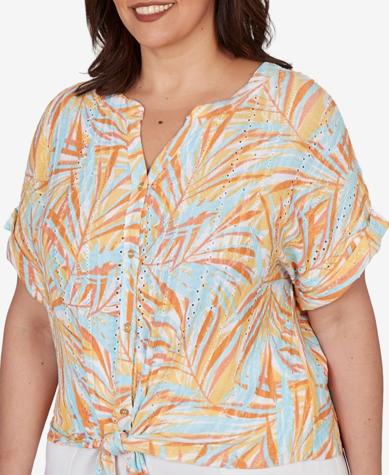 Plus Size Printed Eyelet Gauze V-neck Top with Tie-Front
