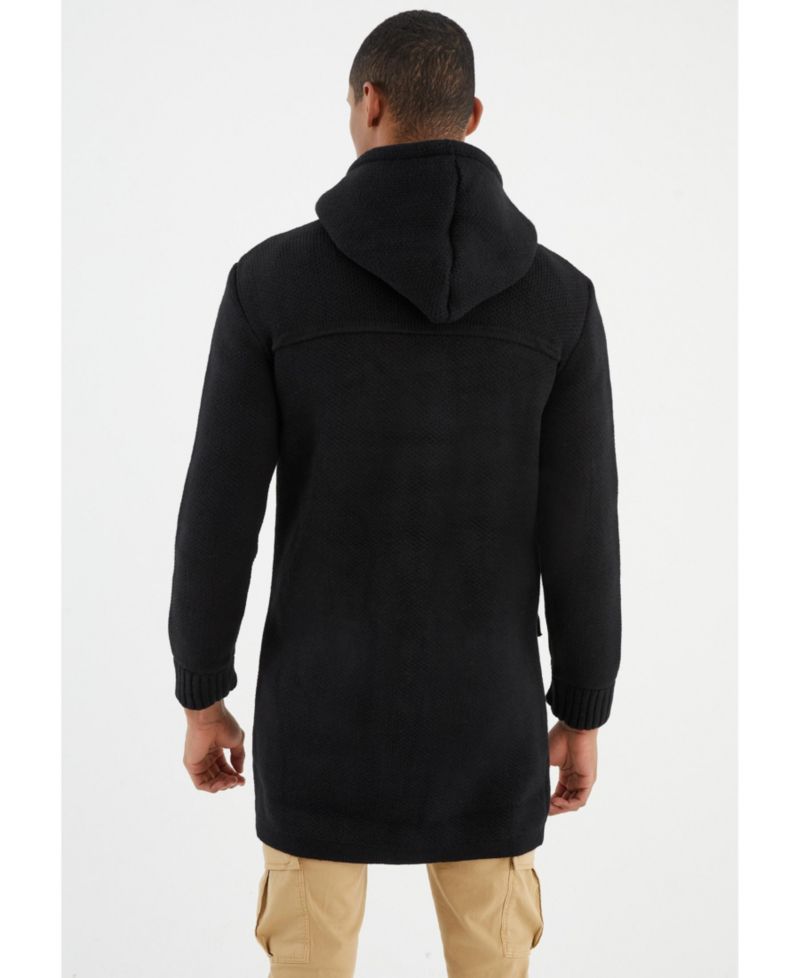 Men's Men s Long Hooded Knit Coat-Style Cardigan with Toggle Closure
