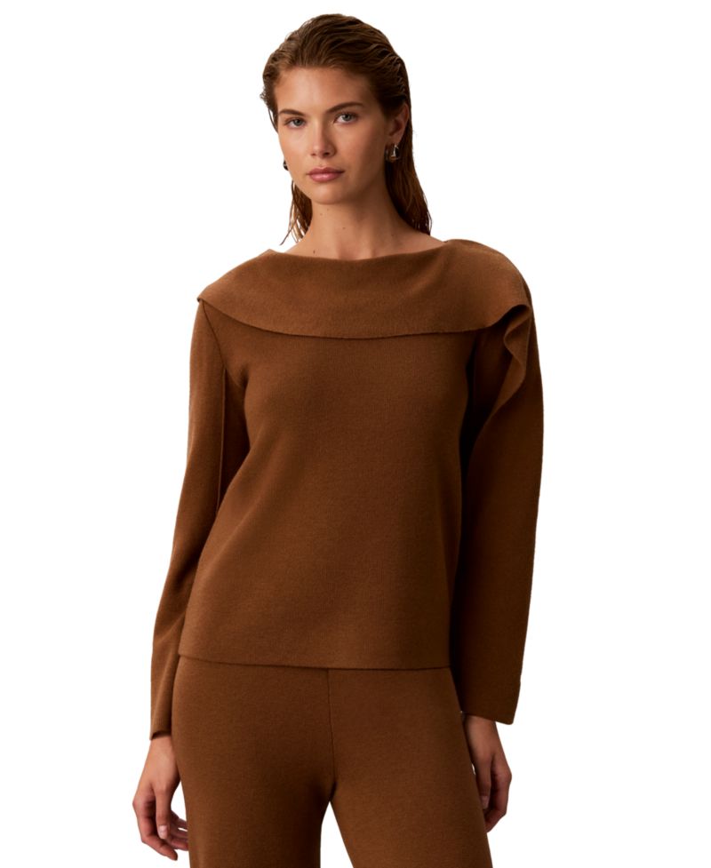 Petite Asymmetrical Drape Boat Neck Long-Sleeve Sweater