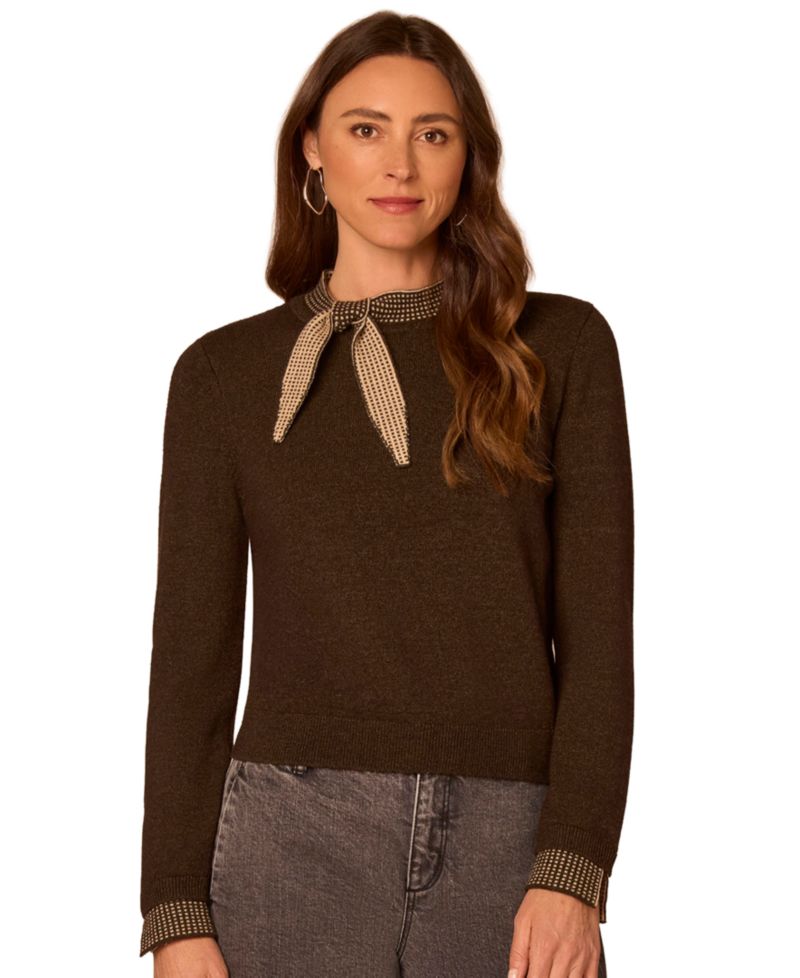 Petite Self-Tie Long-Sleeve Pullover Sweater