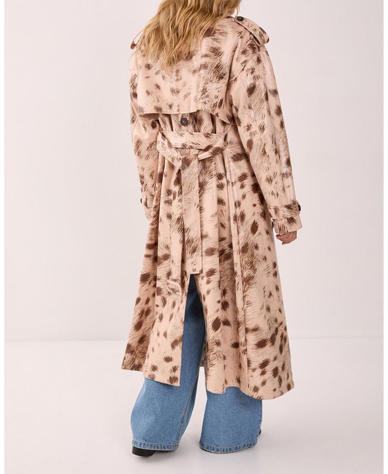 Women's Cow Print Faux Leather Trench Coat