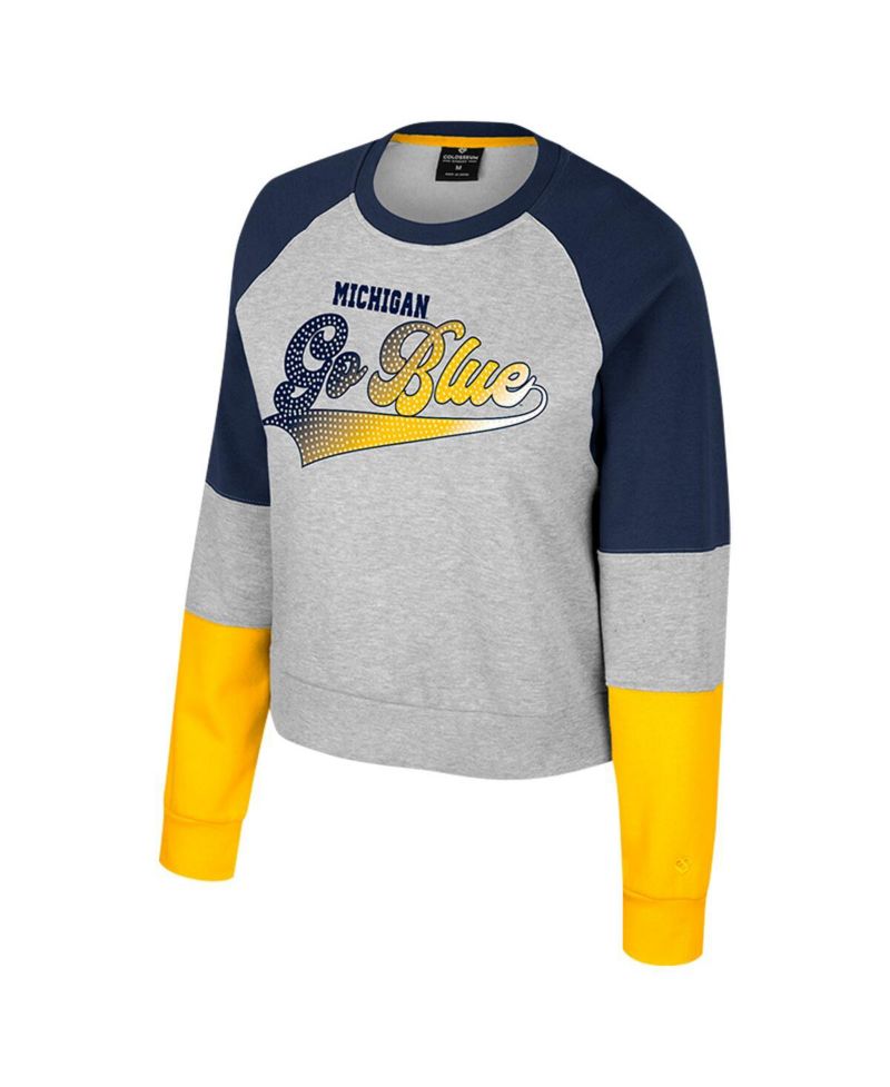 Women's Heather Gray Michigan Wolverines Katinka Rhinestone Scoop Neck Pullover Sweatshirt