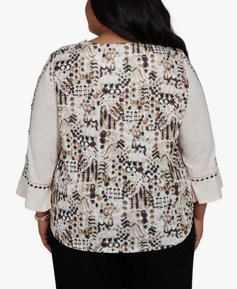 Plus Size Women's Travel Advisory 3/4-Sleeve Geometric-Embroidered Printed-Back Top