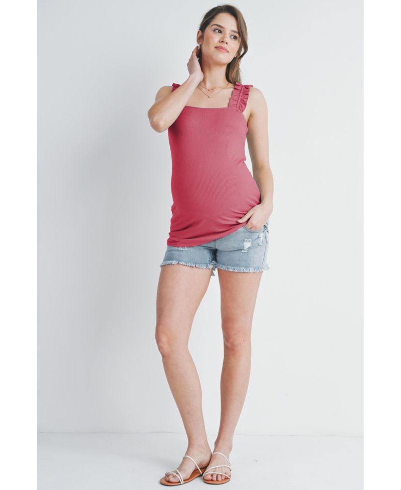 Maternity Square Neck Ribbed Tank Top with Ruffled Straps