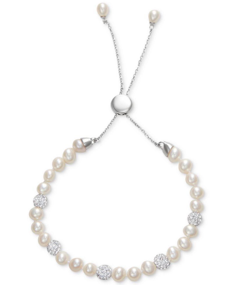 White Cultured Freshwater Pearl (6mm) & Crystals Bolo Bracelet in Sterling Silver