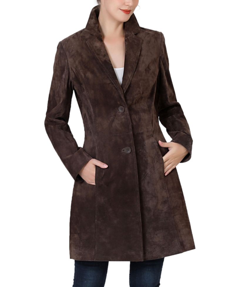 Women's Mary Suede Leather Notch Lapel Button-Front Coat