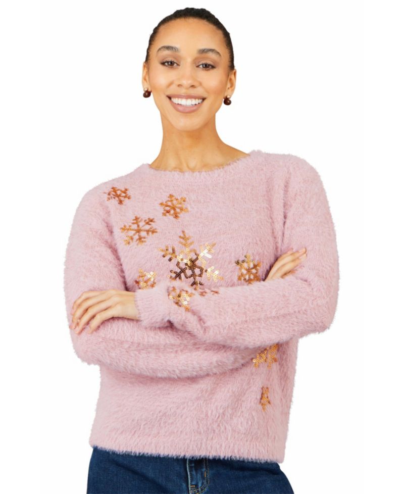 Women's Sequin Snowflake Fluffy Crewneck Sweater
