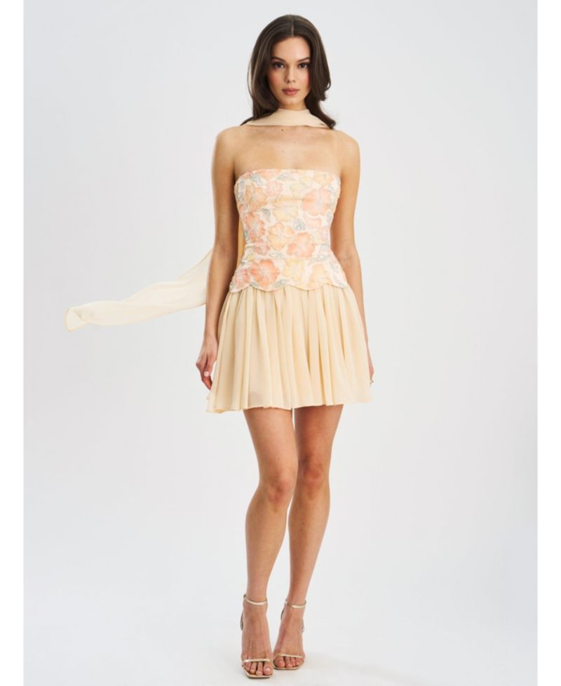 Women's Quanisha Yellow Beaded Floral Mini Chiffon Dress with Scarf