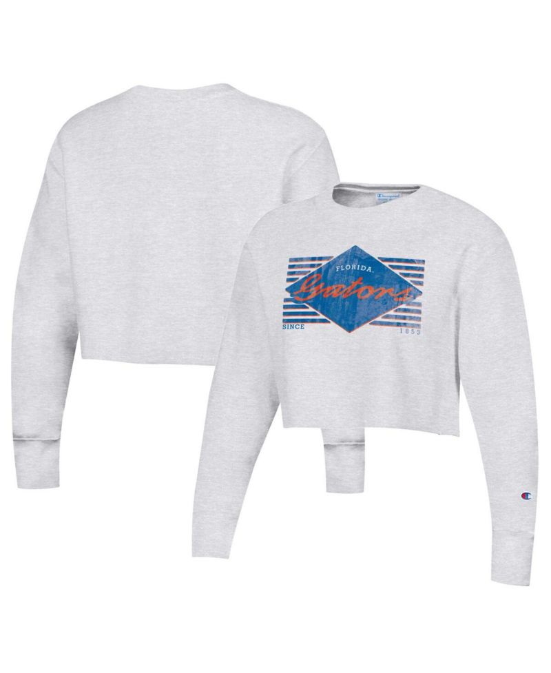 Women's Heather Gray Distressed Florida Gators Reverse Weave Cropped Pullover Sweatshirt