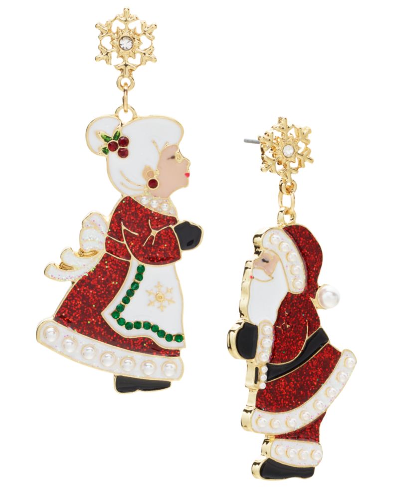 Gold-Tone Pav&eacute; & Imitation Pearl Kissing Claus' Drop Earrings