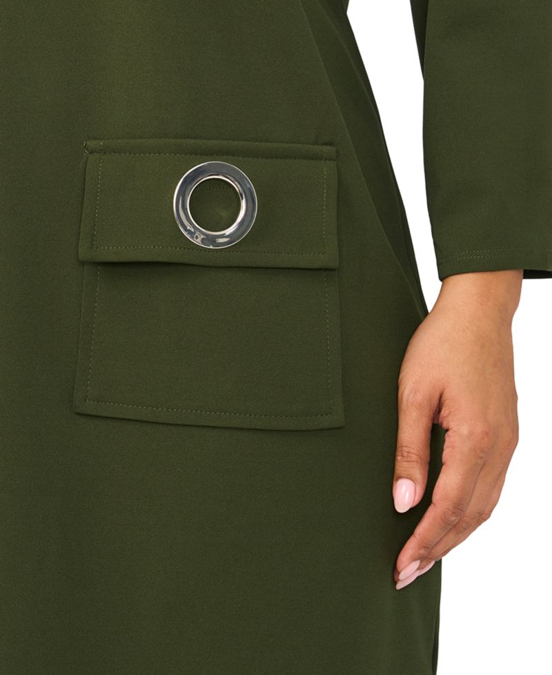 Plus Size Pocket Shift V-Neck 3/4-Sleeve Dress