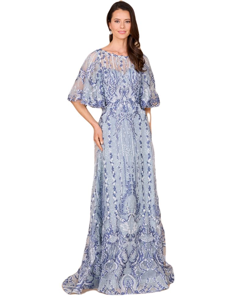 Women's Embroidered, Cape Sleeve A-line Gown