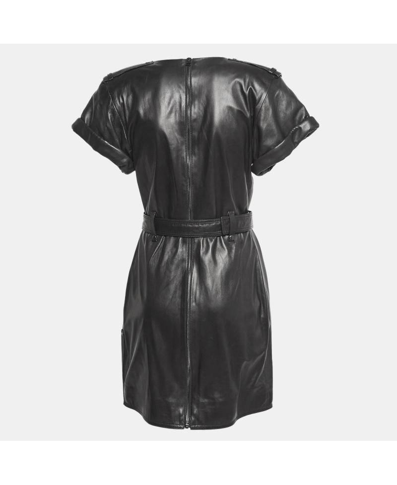 Women's Leather V-Neck Belted Mini Dress