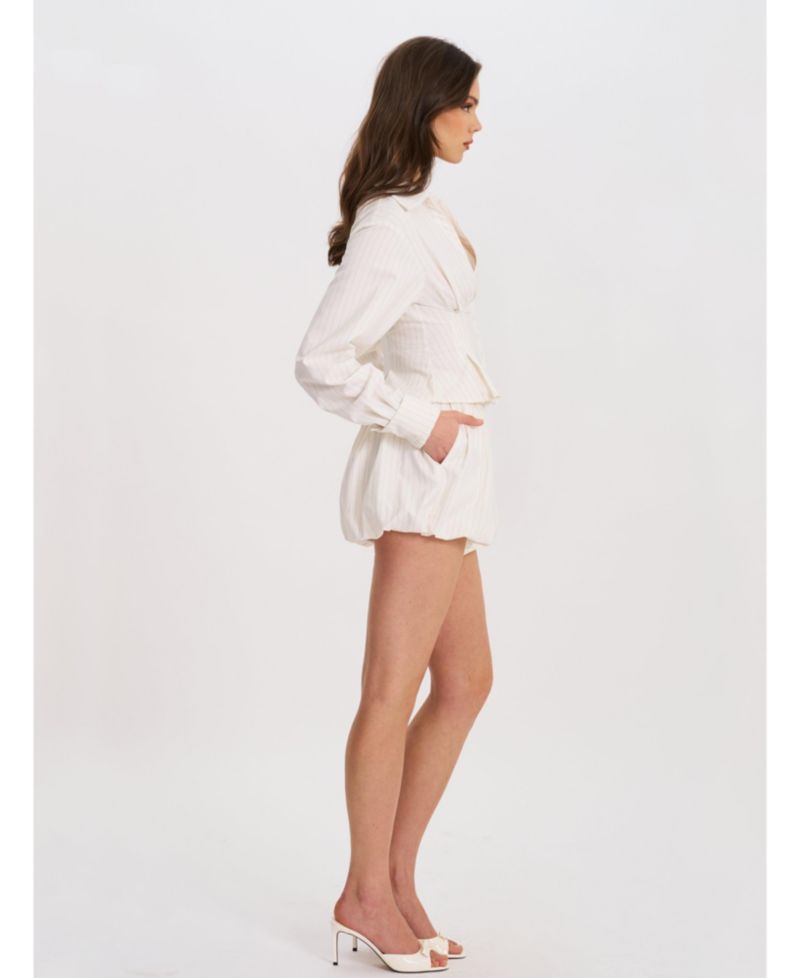 Women Sylvia White Pinstripe Deep V Pleated Shirt
