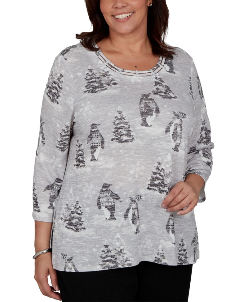Plus Size Classic Penguins and Trees 3/4 Sleeve Holiday Knit Top