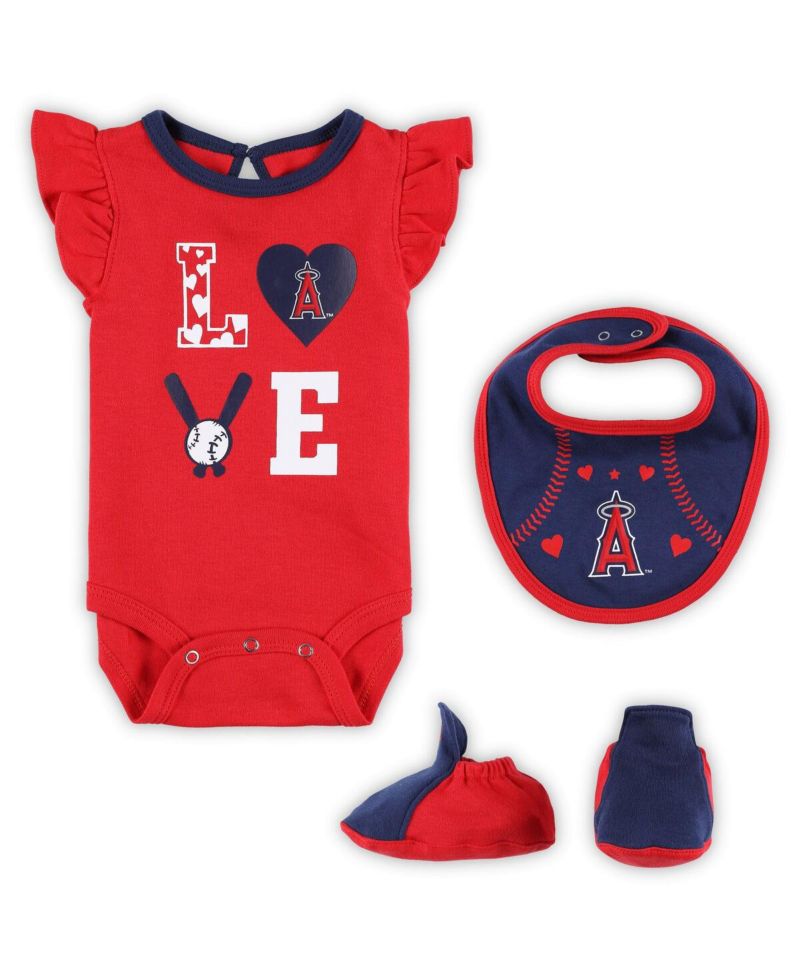 Baby Boys and Girls Red, Navy Los Angeles Angels Three-Piece Love of Baseball Bib Bodysuit and Booties Set