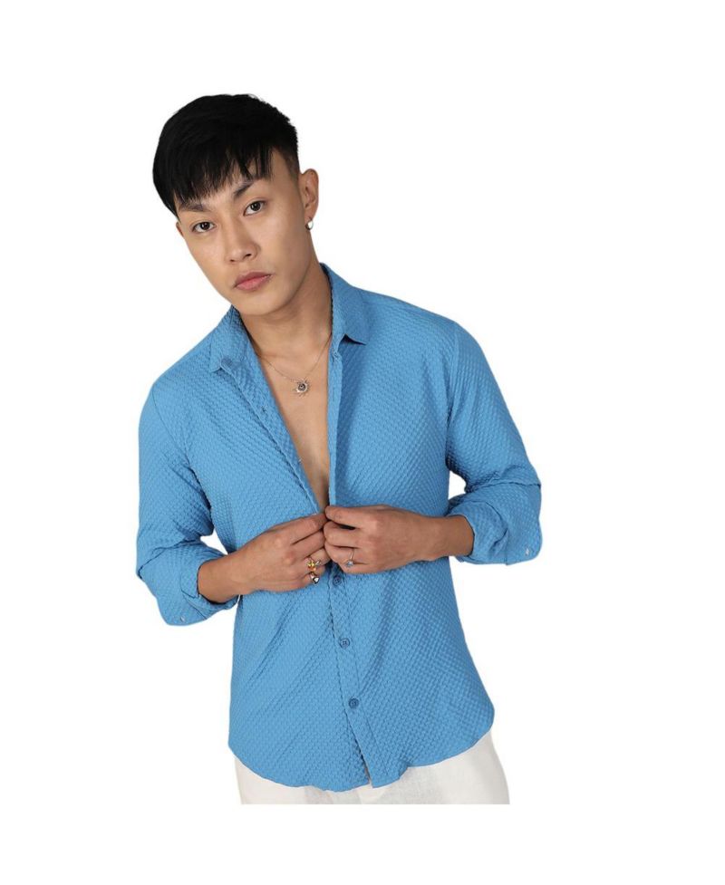 Men's Sky Blue Textured Micro Buffalo Check Shirt