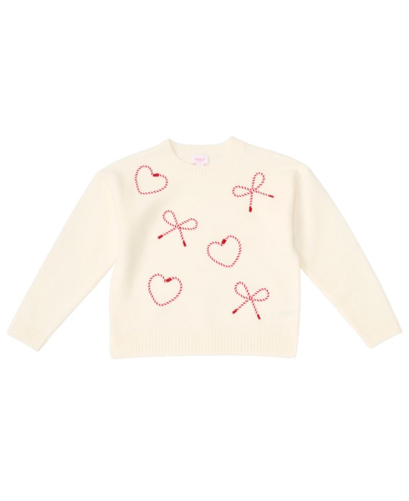 Girls' 7-16 Bow Heart Soutache Long-Sleeve Sweater