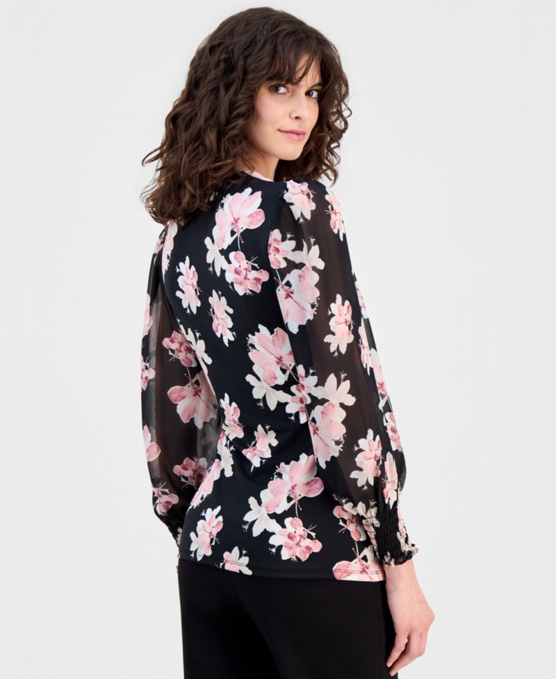 Women's Floral-Print Smocked-Cuff Wrap Top
