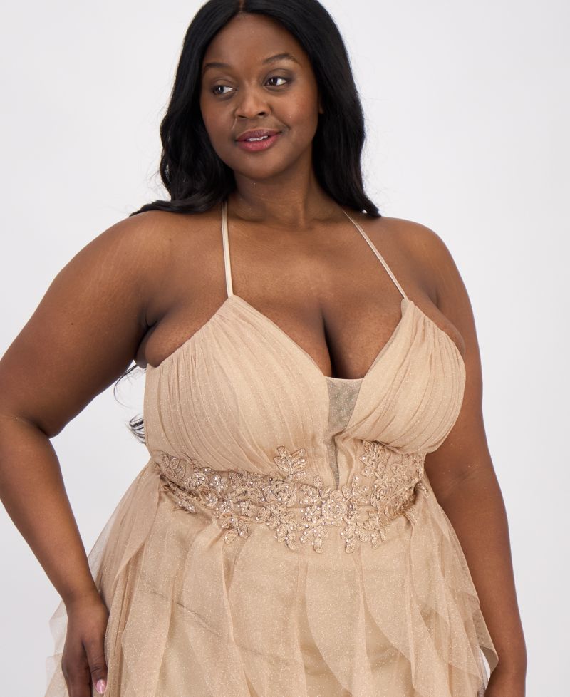 Trendy Plus Size Glitter-Mesh Lace-Up-Back Gown