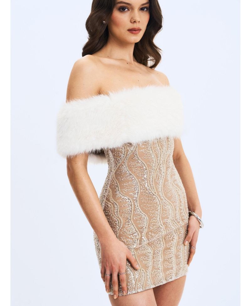 Women's Averie Faux Fur Off-Shoulder Sequin Mini Dress