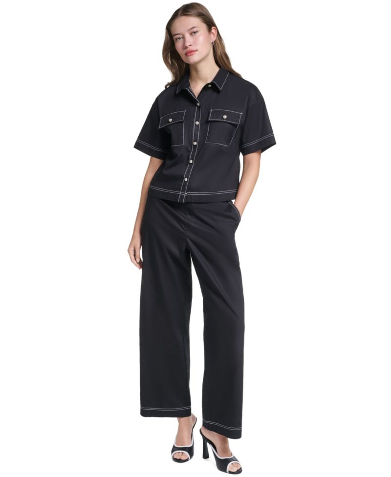 Women's Cropped Poplin Button-Front Blouse