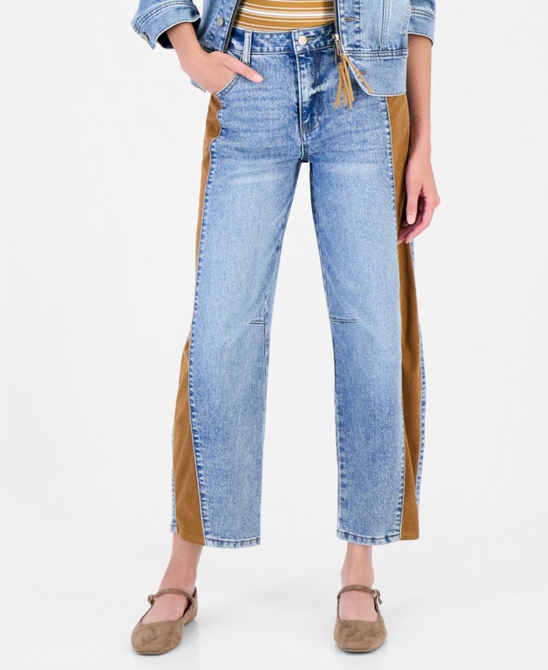 Women's Cord Trim Barrel Leg High-Rise Jeans