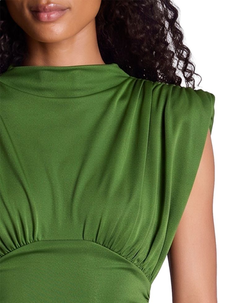 Women's Shoulder Pad Ruched Midi Dress