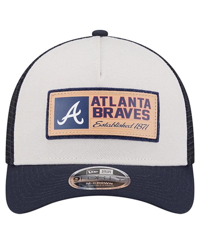 Men's Stone/Navy Atlanta Braves Text A-Frame Trucker 9FORTY Hat