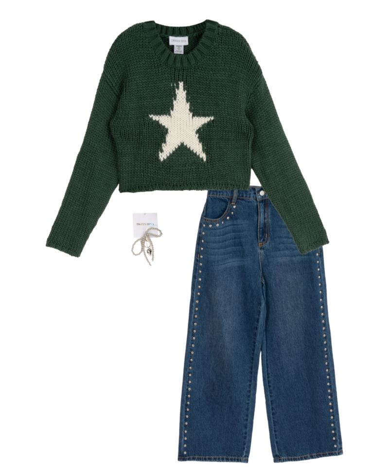 Girls' 7-12 Star Graphic Chunky-Knit Wide-Leg Denim Sweater, Pants and Necklace, 3-Piece Set