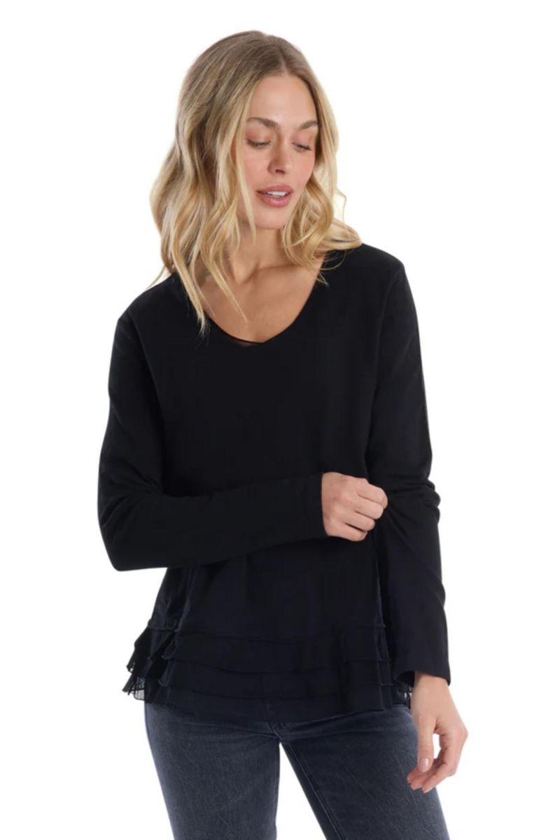 Women's Clothing V-Neck Mixed Media Long Sleeve Tee