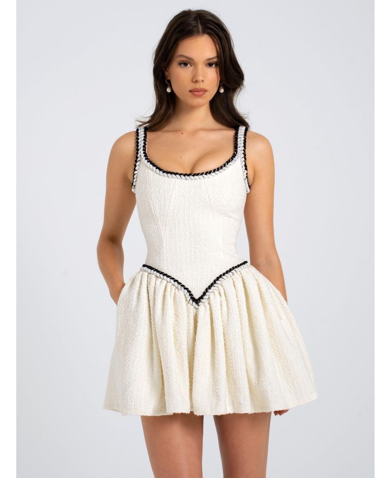 Women's Coco White Boucle Tweed V Waist Mini Dress