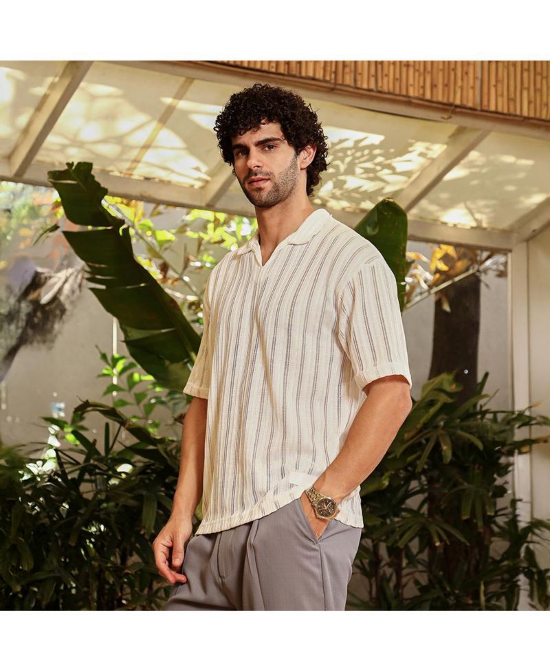 Men's Off-White Duo-Striped Relaxed Polo T-Shirt
