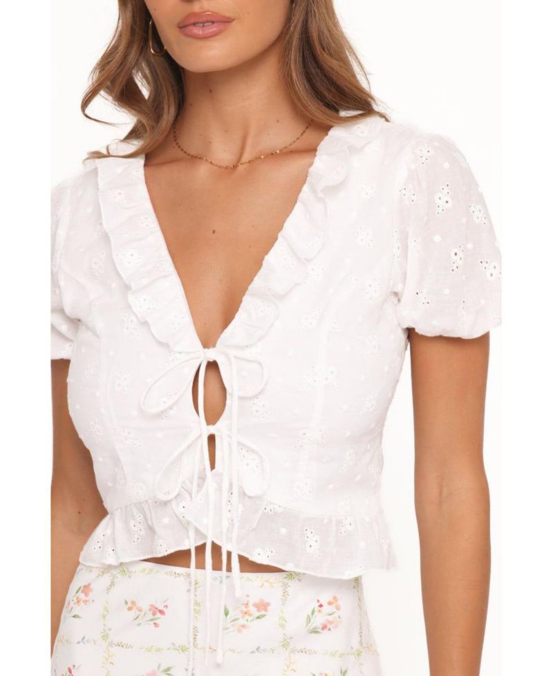 Women's Andra V-Neck Front-Tie Eyelet Top