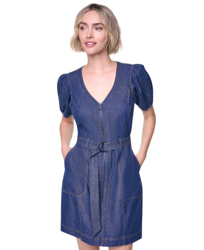 Women's Puff-Sleeve Belted V-Neck Dress