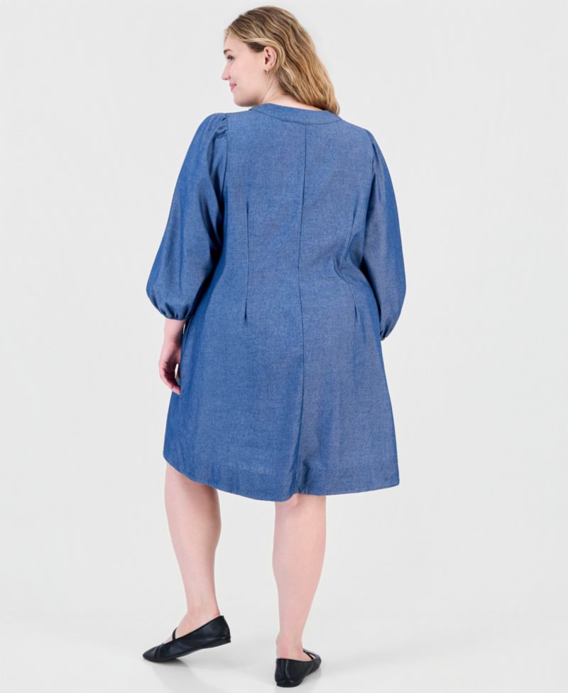 Plus Size Denim V-Neck Long-Sleeve Shift Dress