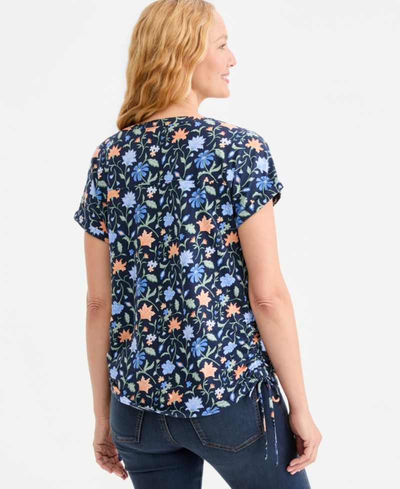 Women's Printed Ruched Tie-Hem V-Neck Top