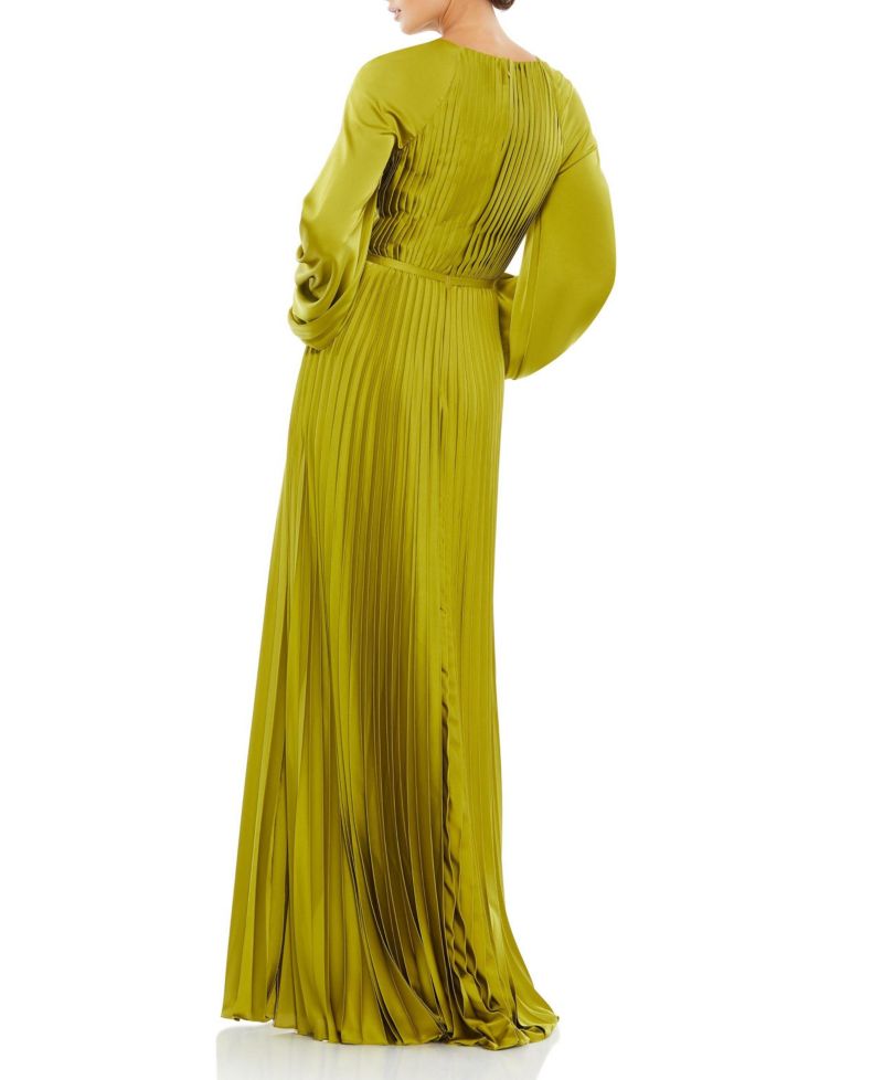 Women's Pleated High Neck Raglan Long Sleeve Side Slit Gown