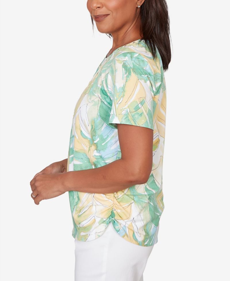 Petite Tropical Leaf Beaded Neck Ruched Top