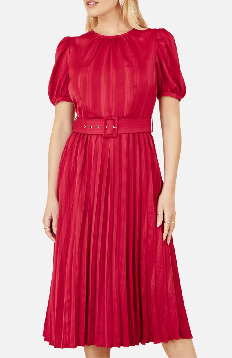 Women's Striped Satin Midi Dress Stylish Belted Partywear