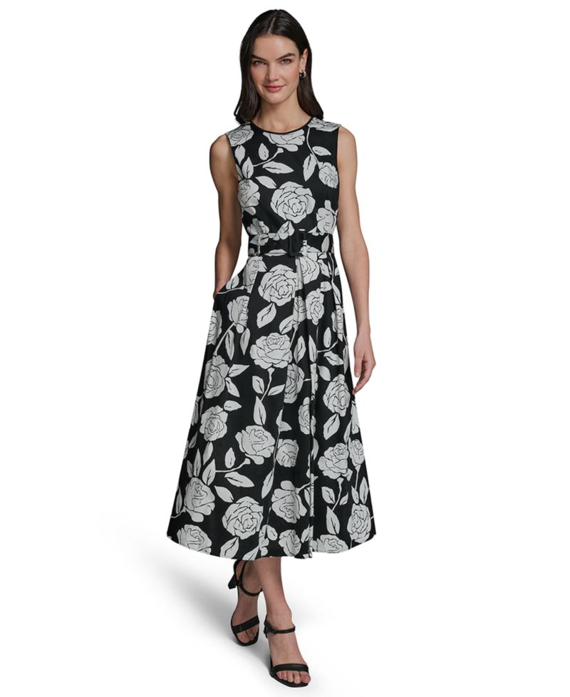 Women's Floral Border Print Crew Neck Midi Dress