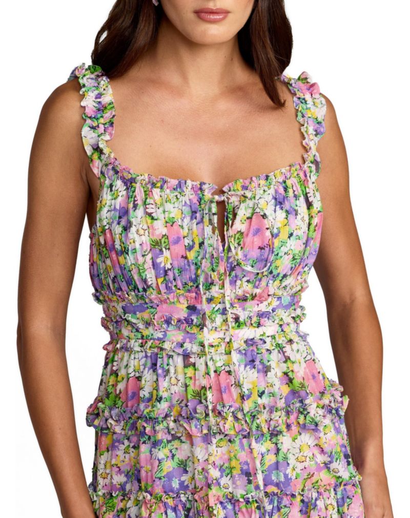 Women's Multicolor Floral Ruffle A-Line Cotton Midi Dress
