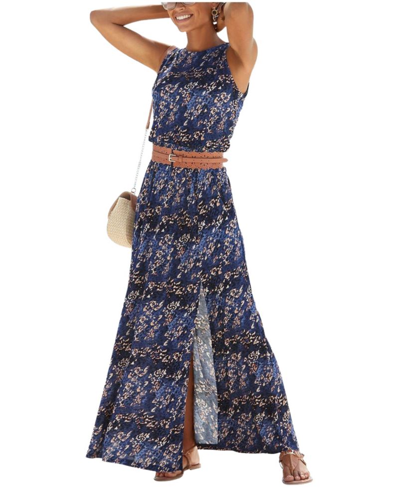 Women's Viscose Animal Print Sleeveless Elastic-Waist Maxi Dress
