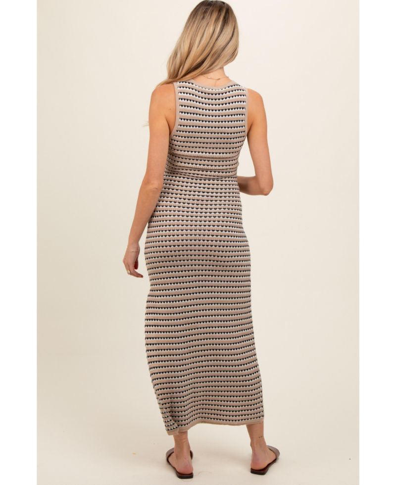 Women's Beige Striped Knit Fitted Sleeveless Maxi Dress