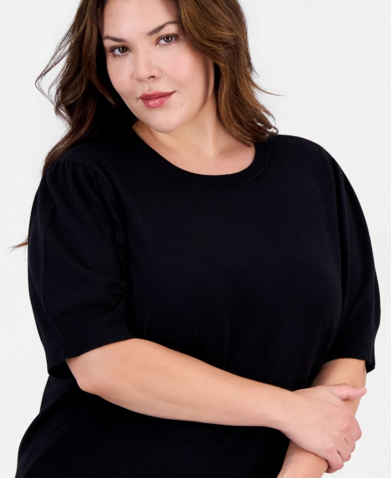 Plus Size Short Puff Sleeve Crewneck Sweater