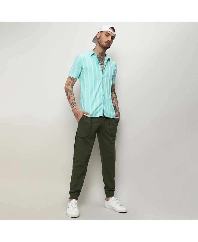 Men's Aqua Blue Unbalanced Striped Shirt