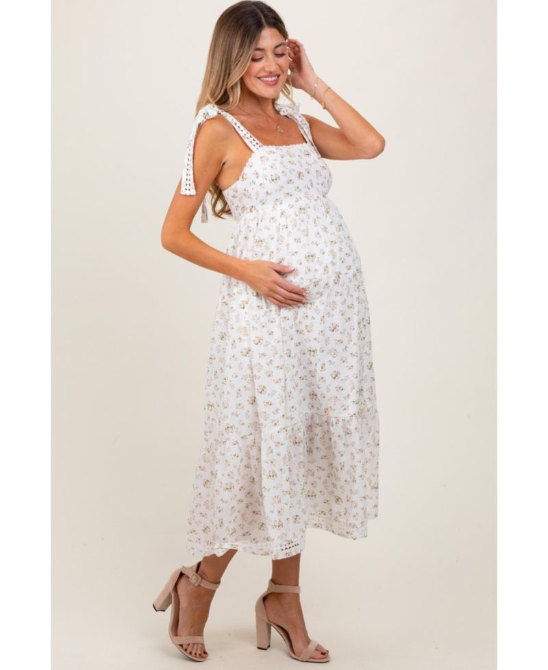 Women's Floral Shoulder Tie Midi Dress